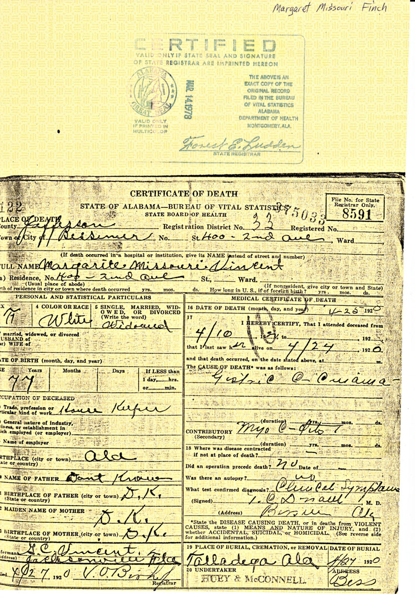 Margaret Missouri Finch Vincent - Death Certificate